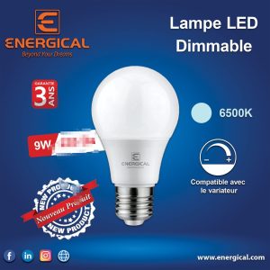 Lampe LED Dimmable 9W — La lampe LED Dimmable 9W offre un éclairage puissant et économique avec une température de couleur de 6500K pour une lumière blanche éclatante. Compatible avec les variateurs, elle permet d’ajuster facilement l’intensité lumineuse selon vos besoins et l’ambiance souhaitée. Conçue pour allier performance, faible consommation d’énergie et longue durée de vie, elle bénéficie d’une garantie de 3 ans pour une utilisation fiable et durable.